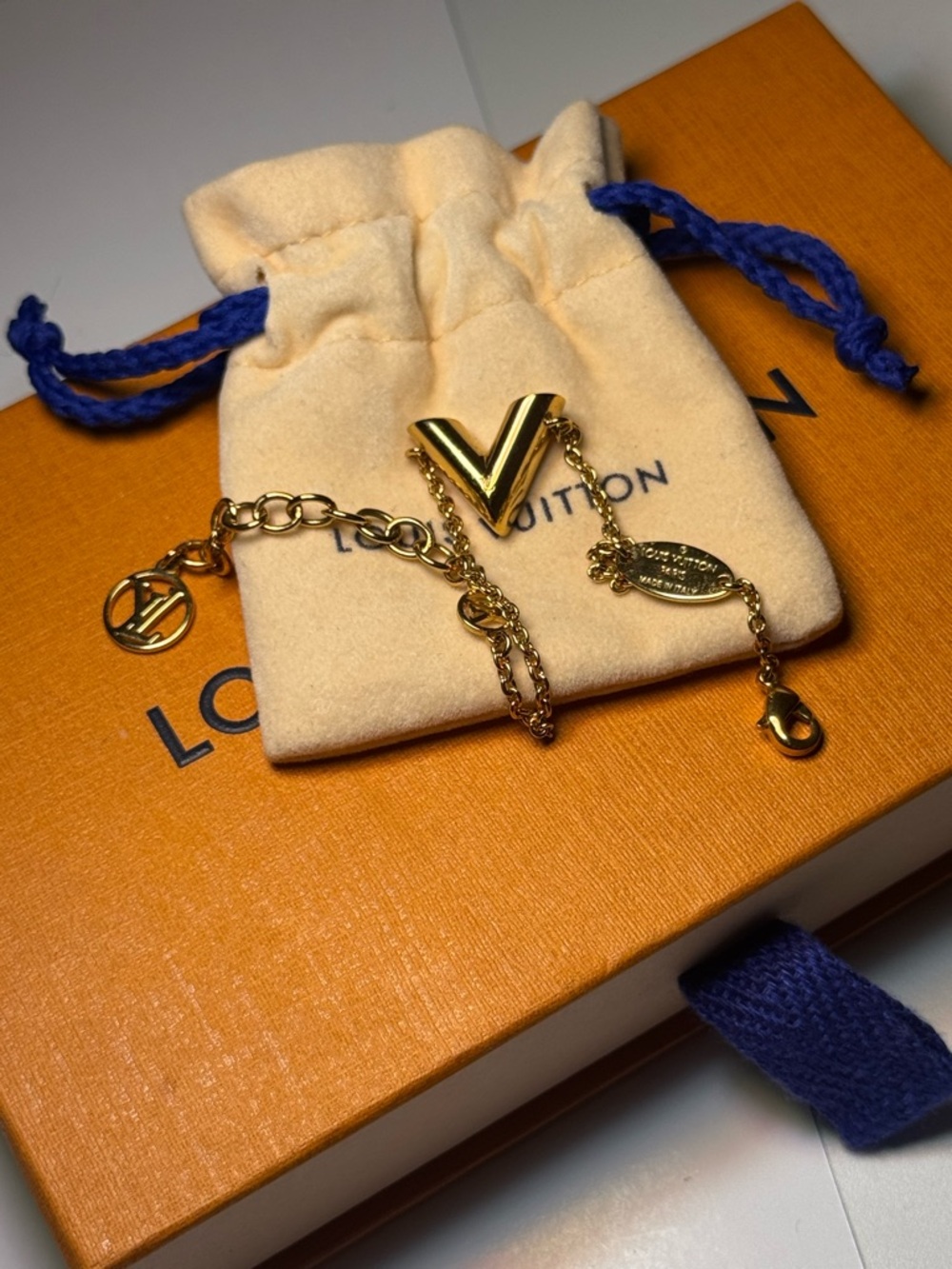 Louis Vuitton Gold V Charm Bracelet with Chain and Logo Tag